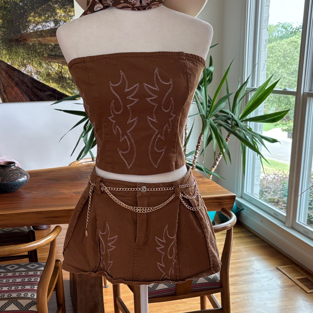 Brown Embroidered Skirt Set